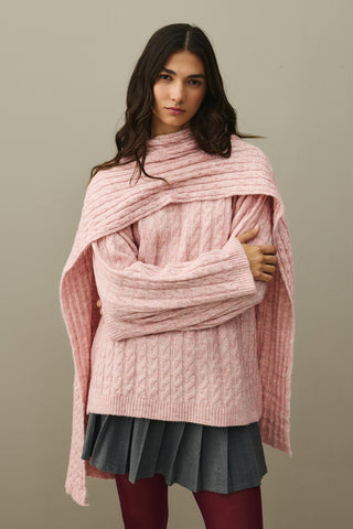 Saç Örgü Atkılı Kazak Pembe