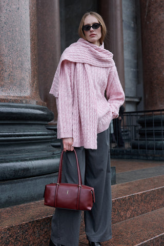 Saç Örgü Atkılı Kazak Pembe