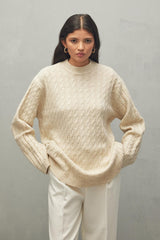 Saç Örgü Atkılı Kazak Vanilya