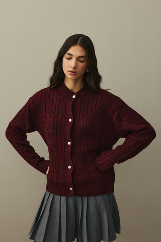 Saç Örgü Crop Hırka Bordo