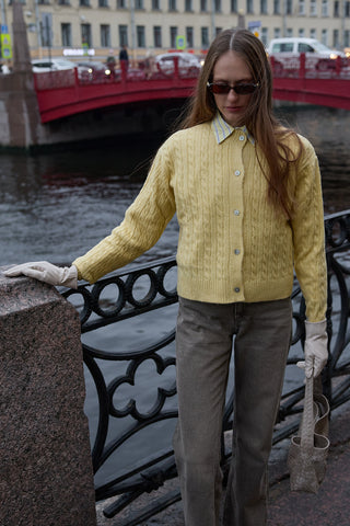 Saç Örgü Crop Hırka Sarı