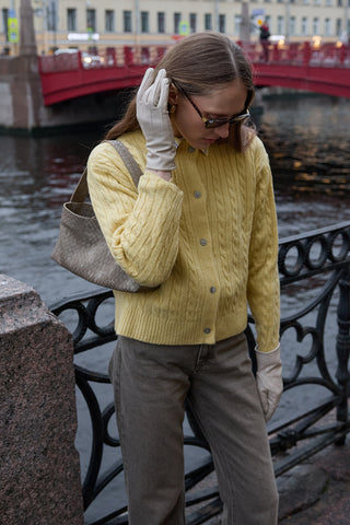 Saç Örgü Crop Hırka Sarı