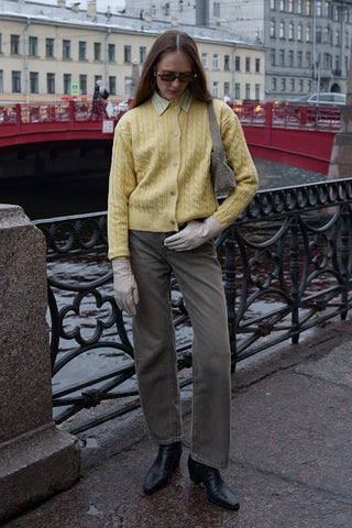 Saç Örgü Crop Hırka Sarı