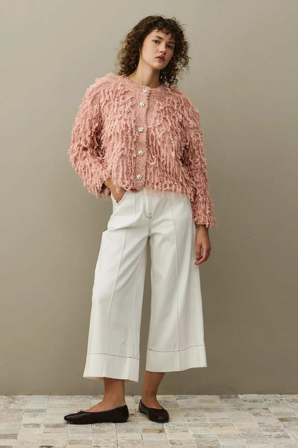 Fringed Knit Jacket Pink