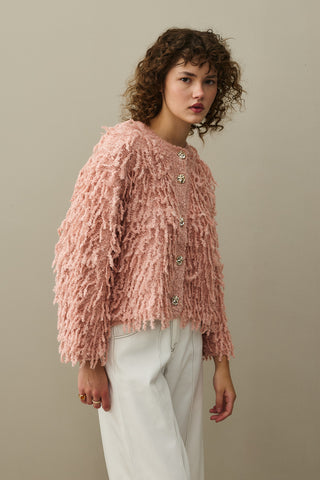 Fringed Knit Jacket Pink