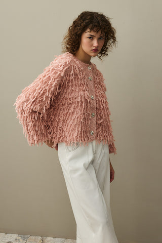 Fringed Knit Jacket Pink