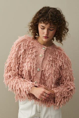 Fringed Knit Jacket Pink