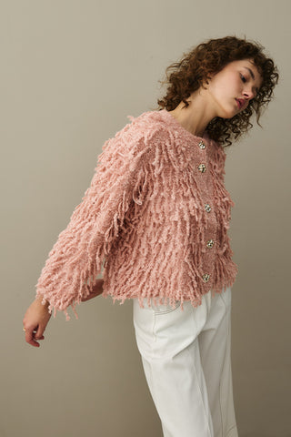 Fringed Knit Jacket Pink