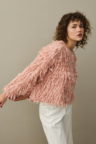 Fringed Knit Jacket Pink