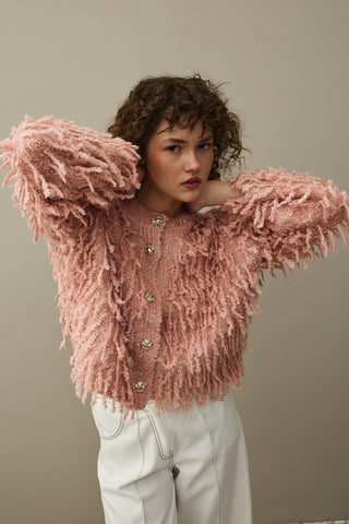 Fringed Knit Jacket Pink