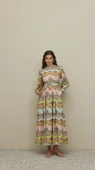 Şal Desen Britli Elbise Bej