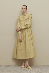 Şerit Detaylı Vual Elbise Açık Sarı