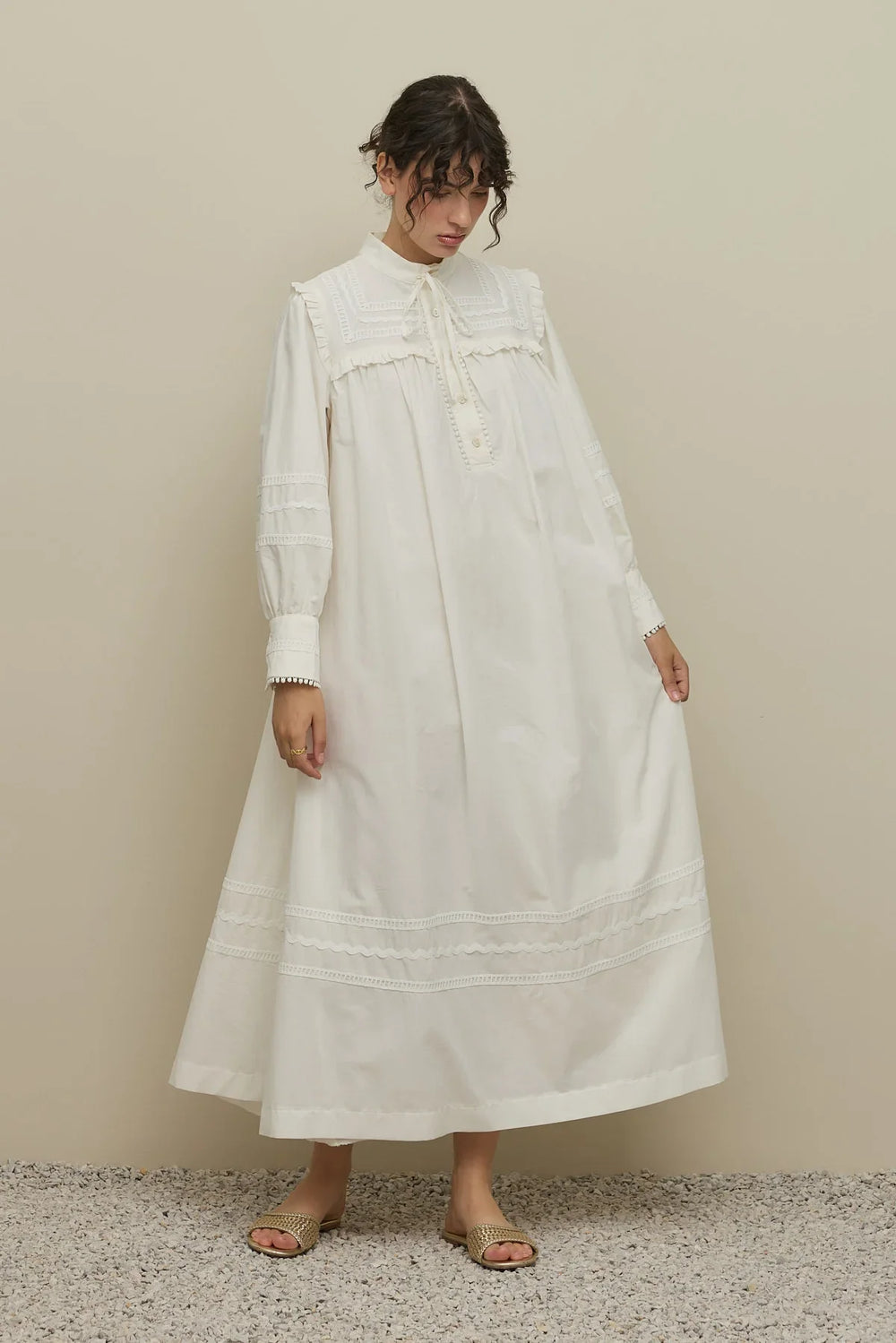 Stripe Detailed Voile Dress Ecru