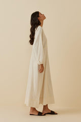 Şeritli Keten Elbise Bej