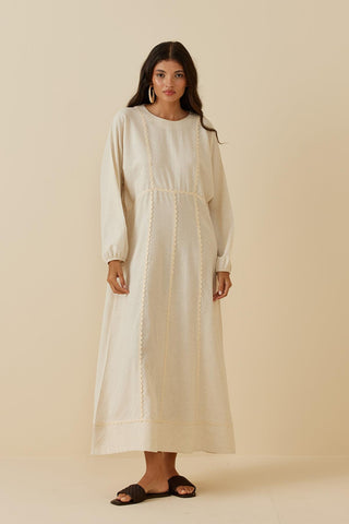 Şeritli Keten Elbise Bej - Fahhar Design