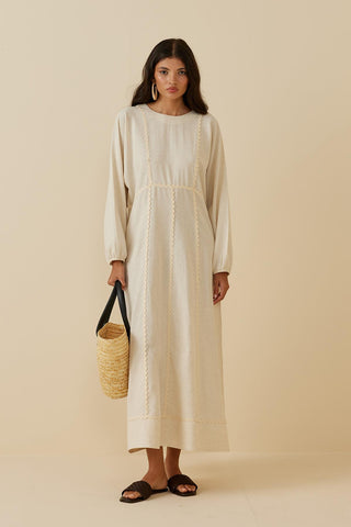 Şeritli Keten Elbise Bej - Fahhar Design