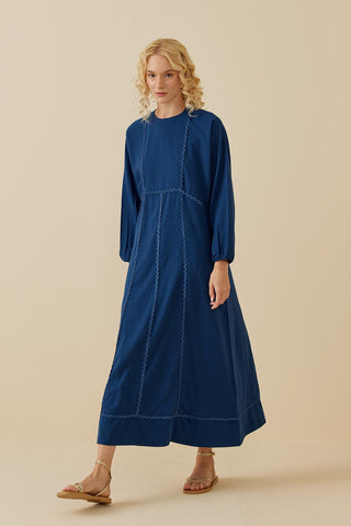 Şeritli Keten Elbise İndigo - Fahhar Design