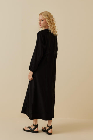 Şeritli Keten Elbise Siyah - Fahhar Design