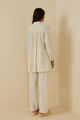 Şeritli Keten Gömlek Bej