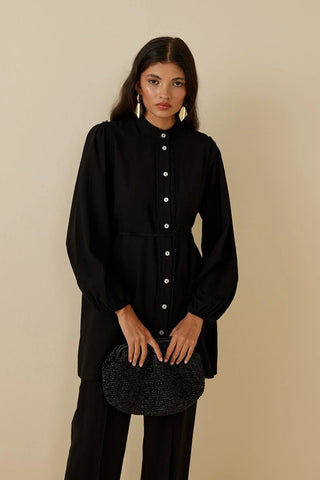 Şeritli Keten Gömlek Siyah - Fahhar Design