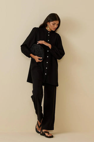 Şeritli Keten Gömlek Siyah - Fahhar Design