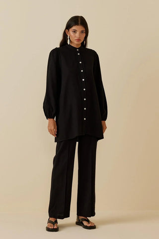 Şeritli Keten Gömlek Siyah - Fahhar Design