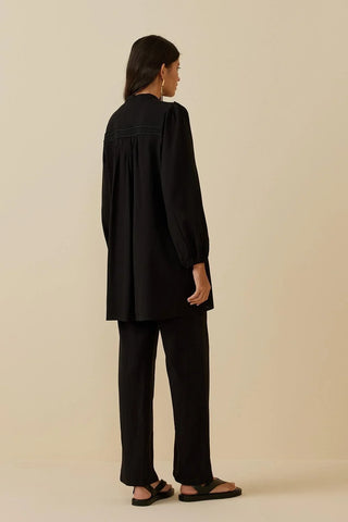 Şeritli Keten Gömlek Siyah - Fahhar Design