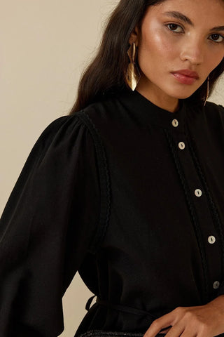 Şeritli Keten Gömlek Siyah - Fahhar Design