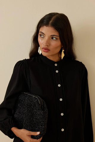 Şeritli Keten Gömlek Siyah - Fahhar Design