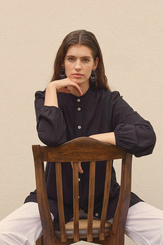 Şeritli Keten Gömlek Siyah - Fahhar Design