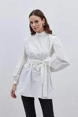 Seyyar Fularlı Kadın Gömlek Beyaz