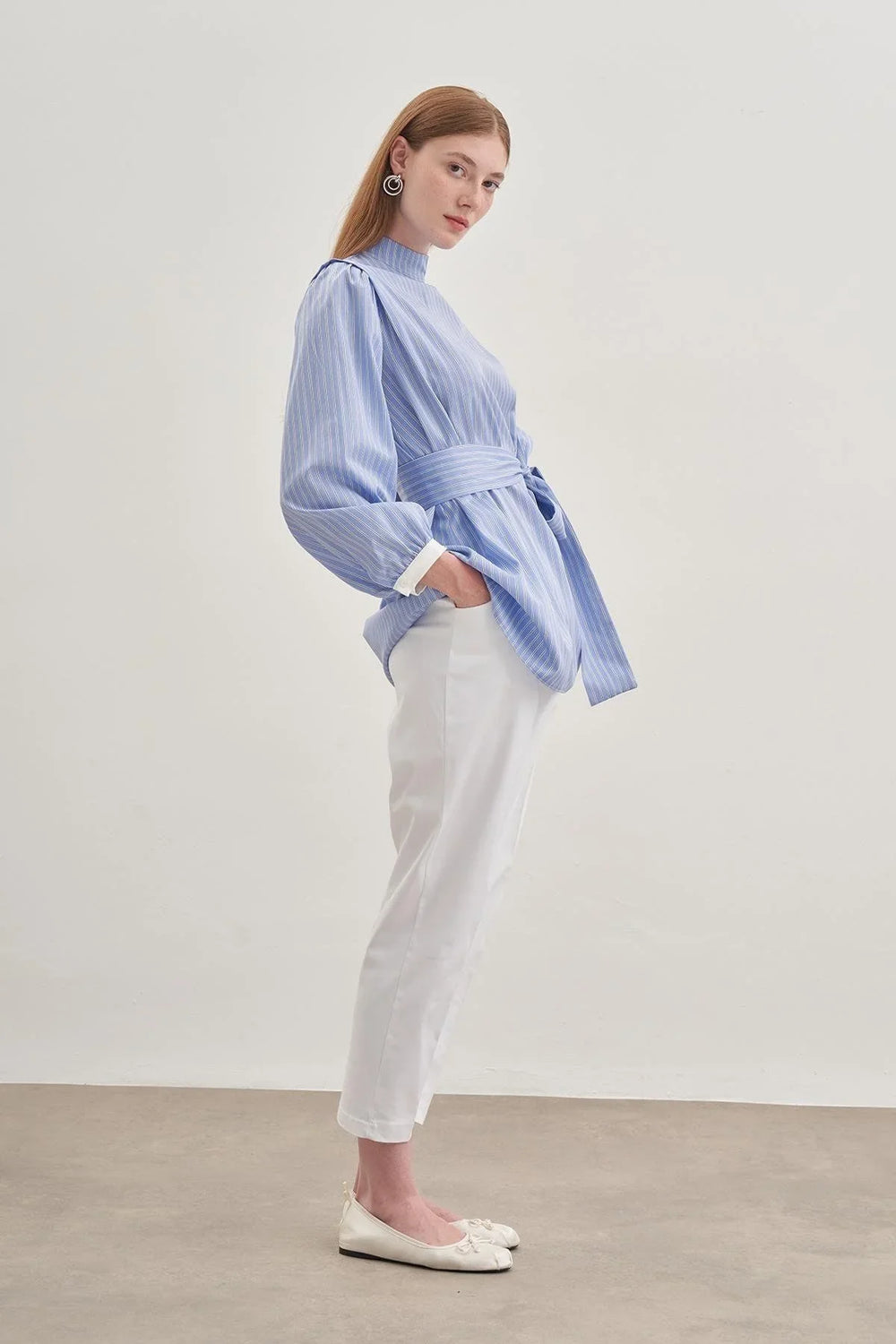 Removable Scarf Women's Shirt Striped Light Blue