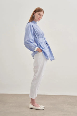 Seyyar Fularlı Kadın Gömlek Çizgili Açık Mavi - Fahhar Design