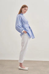 Seyyar Fularlı Kadın Gömlek Çizgili Açık Mavi