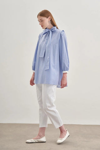 Seyyar Fularlı Kadın Gömlek Çizgili Açık Mavi - Fahhar Design