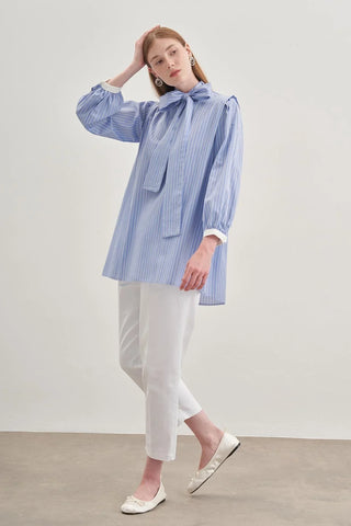 Seyyar Fularlı Kadın Gömlek Çizgili Açık Mavi - Fahhar Design