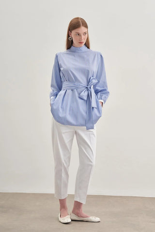 Seyyar Fularlı Kadın Gömlek Çizgili Açık Mavi - Fahhar Design