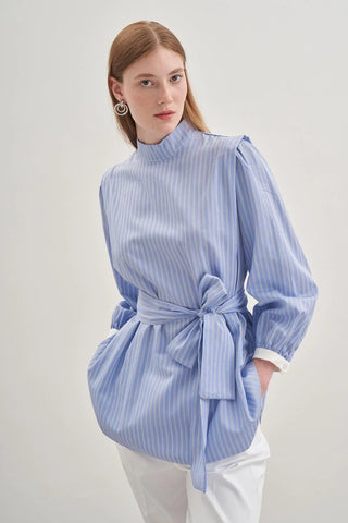 Seyyar Fularlı Kadın Gömlek Çizgili Açık Mavi - Fahhar Design