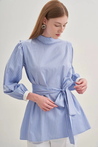 Seyyar Fularlı Kadın Gömlek Çizgili Açık Mavi - Fahhar Design