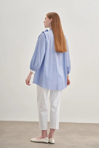 Seyyar Fularlı Kadın Gömlek Çizgili Açık Mavi - Fahhar Design