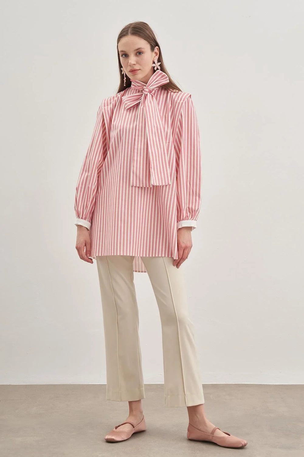 Striped Light Pink Women's Shirt with Removable Scarf