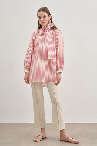 Seyyar Fularlı Kadın Gömlek Çizgili Açık Pembe - Fahhar Design