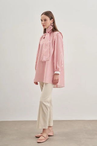 Seyyar Fularlı Kadın Gömlek Çizgili Açık Pembe - Fahhar Design