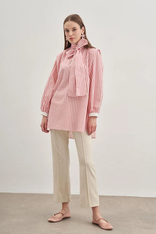 Seyyar Fularlı Kadın Gömlek Çizgili Açık Pembe - Fahhar Design