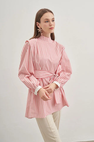 Seyyar Fularlı Kadın Gömlek Çizgili Açık Pembe - Fahhar Design