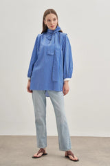 Women's Striped Shirt with Removable Scarf, Dark Blue