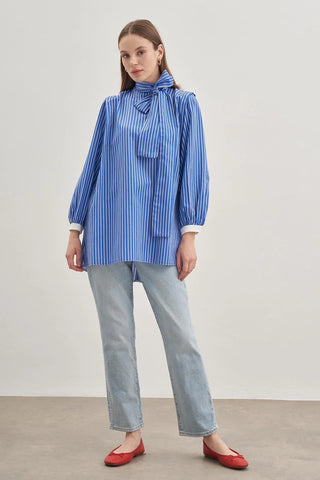 Seyyar Fularlı Kadın Gömlek Çizgili Koyu Mavi - Fahhar Design