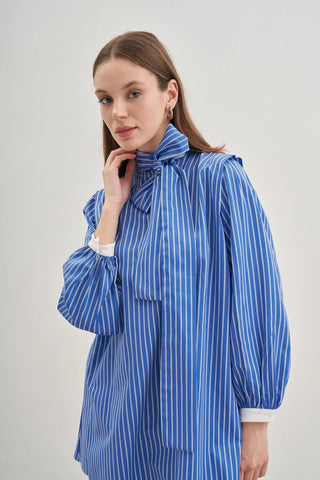 Seyyar Fularlı Kadın Gömlek Çizgili Koyu Mavi - Fahhar Design