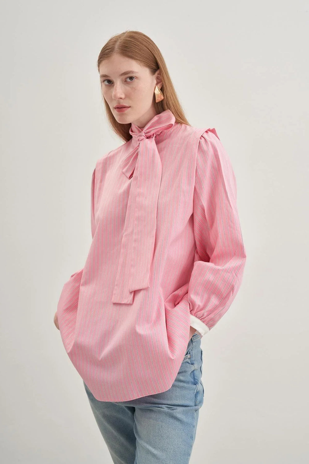 Striped Pink Women's Shirt with Removable Scarf