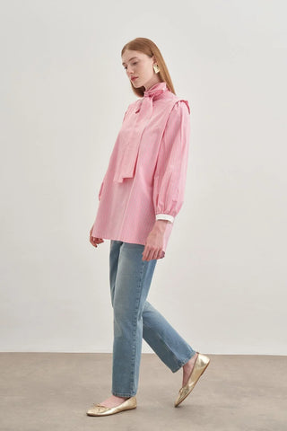 Seyyar Fularlı Kadın Gömlek Çizgili Pembe - Fahhar Design